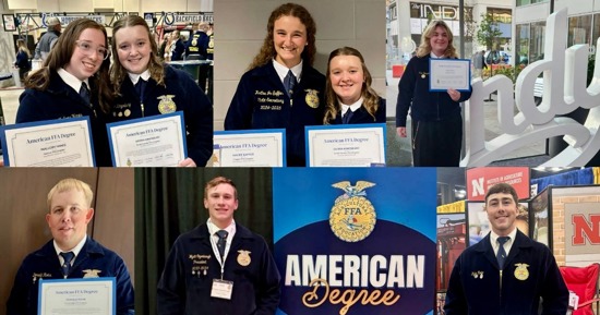 NCTA students and alumni proudly receiving their American FFA Degrees at the National FFA Convention in Indianapolis. Top row (L–R): Mallory Hanes (Haxtun, CO), Sierra Kingsbury (Smith Center, KS), KaCee Jo Saffer (Flagler, CO), Erin Tempel (Wiley, CO). Bottom row (L–R): Donald Rohr (Cambridge, NE), Wyatt Ozenbaugh (Ohiowa, NE), Kyle Rote (Lisco, NE).