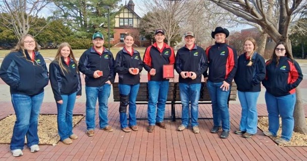 NCTA Crops Judging Team with awards (L-R): Kyra Jespersen, Hemingford, NE; Jada Eilert, Jewell, KS; Aaron Underwood, Esbon, KS; KaCee Jo Saffer, Arriba, CO;  Wyatt Ozenbaugh, Ohiowa, NE; Grant Ottun, Sargent, NE; Hailey Loutzenhizer, Flagler, CO; Mason Semler, Exeter, NE; and Rachel Bose, McCook, NE.