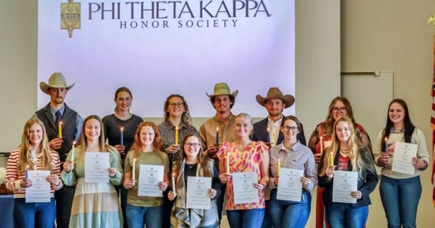 New members inducted into Phi Theta Kappa (front L to R): Courtney McCarthy, Newport, NE; Jenna Barnes, Kensington, KS; Ann Prigge, Ulysses, NE; Ailey Marburger, Malvern, IA; Carly Stewart, Atlanta, NE; Layna Wear, Holyoke, CO; Hailey Loutzenhiser, Flagler, CO. Back row (L to R): Weston Ploeger, Linden, IA; Savannah Hall, Ekalaka, MT; McKenzie Heil, North Platte, NE; August Schow, Paxton, NE; Jace Lien, Chadron, NE; Kyra Jespersen, Hemingford, NE; and Samantha Durre, Oakdale, NE. Not pictured are Natalie Baker, Severance, CO; Ashley Sasse, Plymouth, NE; and Sydney Sybrant, Bassett, NE. (NCTA / N. Dragoo)