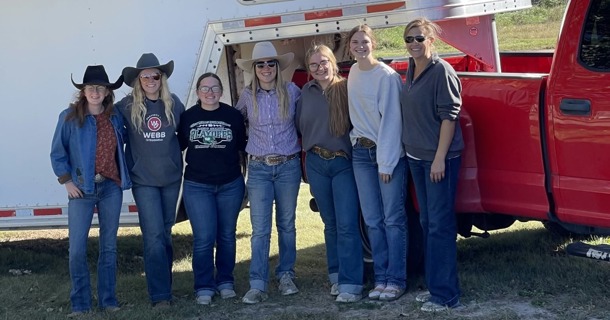  NCTA Ranch Horse Team Students at the CSU Silver Jubilee. From Left to Right: Arabella Kallhoff, Nicole Pollard, Ailey Marburger, Jaidin Miller, Gracie Thomas, Ellie Long and Coach Joanna Hergenreder