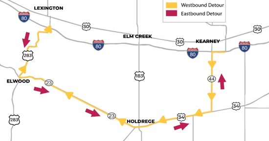 Designated Detour as Work Continues Along I-80 in Buffalo County