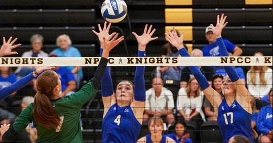 MCC’s Bobbi Starkebaum and Anna Richardson go for a block in Saturday action against Seward Community College. (Photo by Skylar Evans, North Platte Sports Information Specialist)