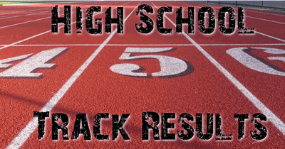 Running track in the background with the words high school track results overlaid on top.